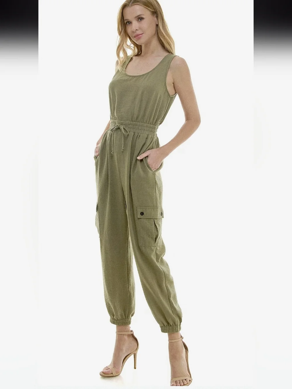 As U Wish Juniors' Olive Green Drawstring Waist Cargo Jumpsuit - Size Large - Picture 1 of 16